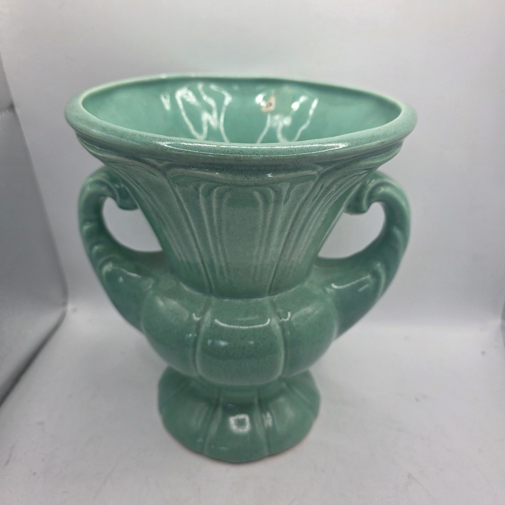 Vintage Seafoam Green Art Pottery Double Handle Urn Vase Art Deco Style
